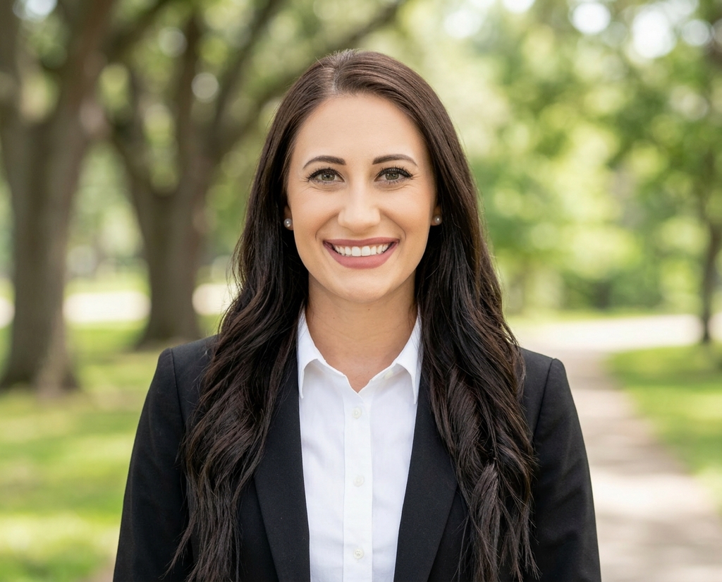 Sales rep headshot outdoors in soft natural light