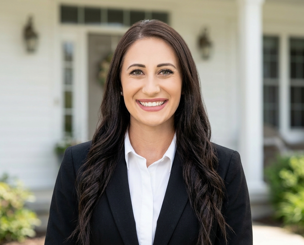 Real estate agent headshot in front of a classic white porch home