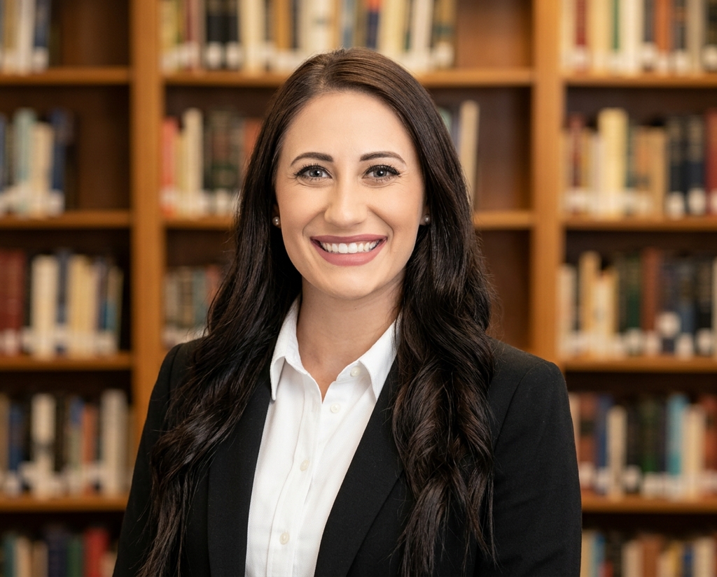 Attorney headshot in front of a law-library bookshelf