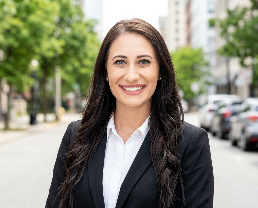 Tech employee headshot on a downtown city street, one locked company style