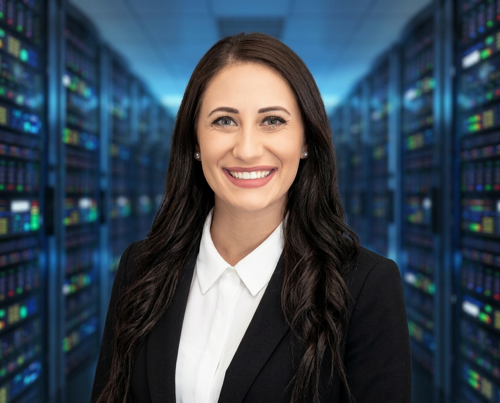 Tech employee headshot in a data center server room, one locked company style