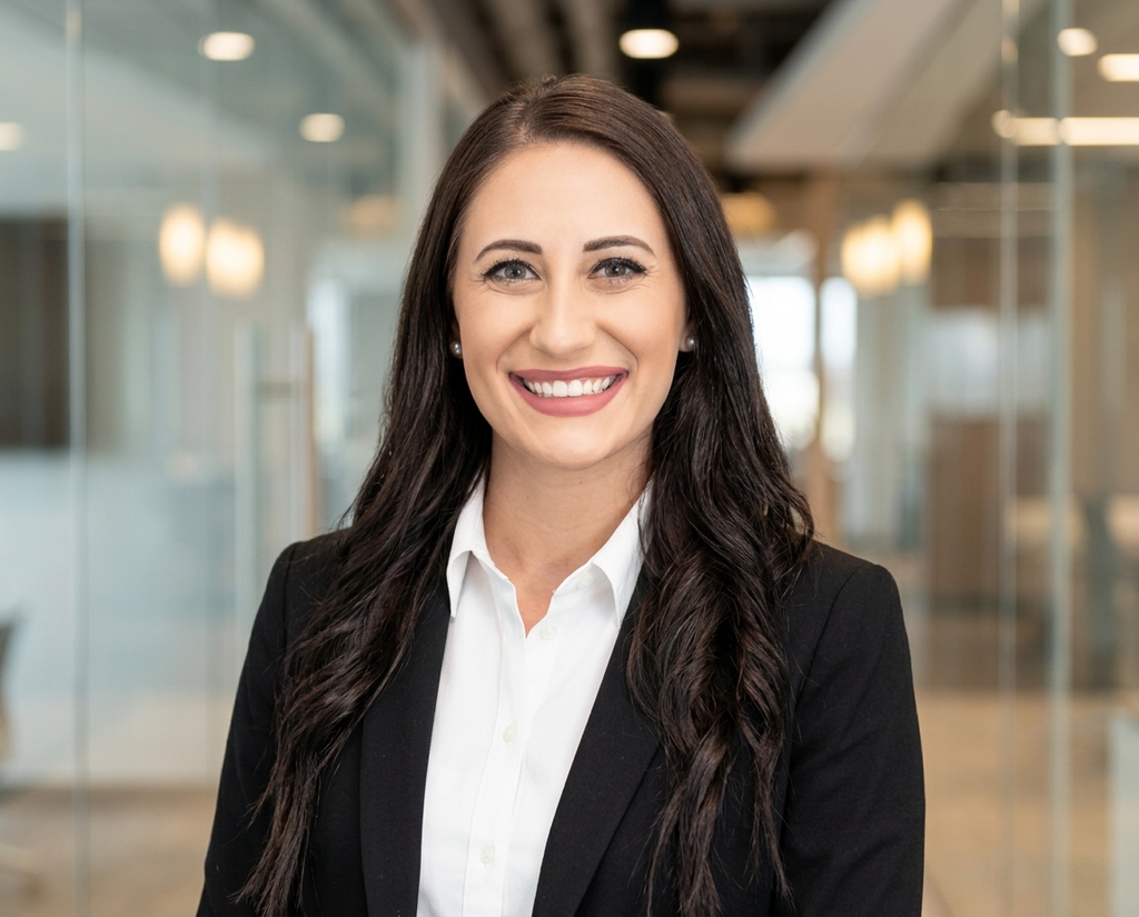 Sales rep headshot in front of a softly blurred modern office