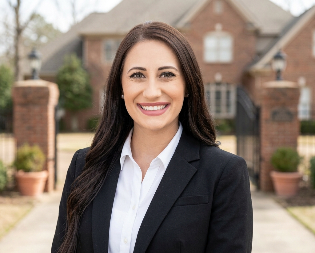 Real estate agent headshot in front of a gated brick estate home