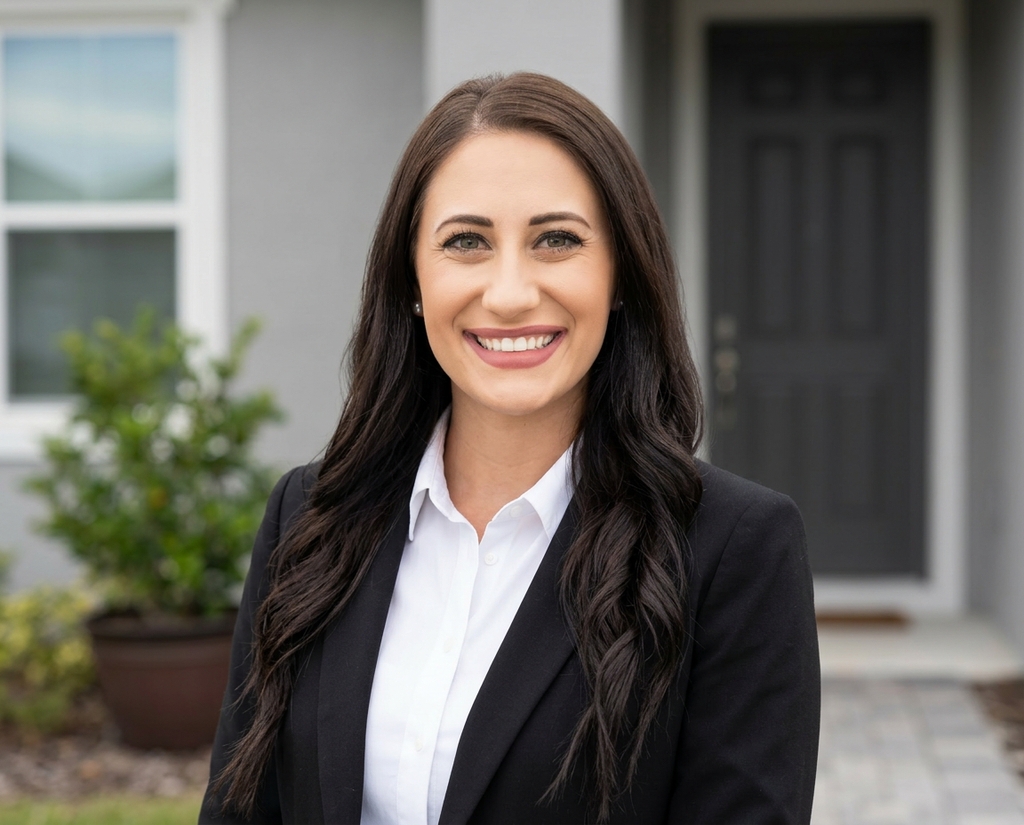 Real estate agent headshot outside a modern grey home with a dark front door