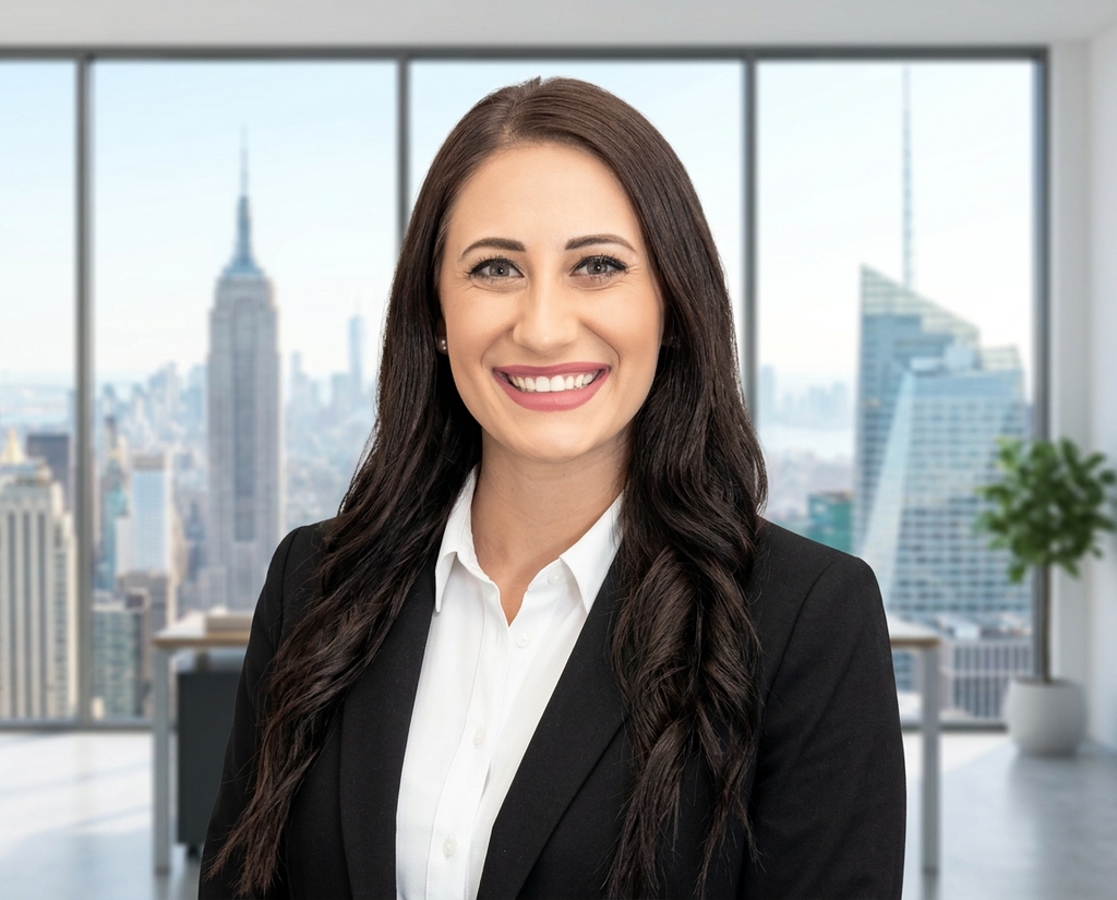 Real estate agent headshot in a downtown high-rise office with a city skyline view